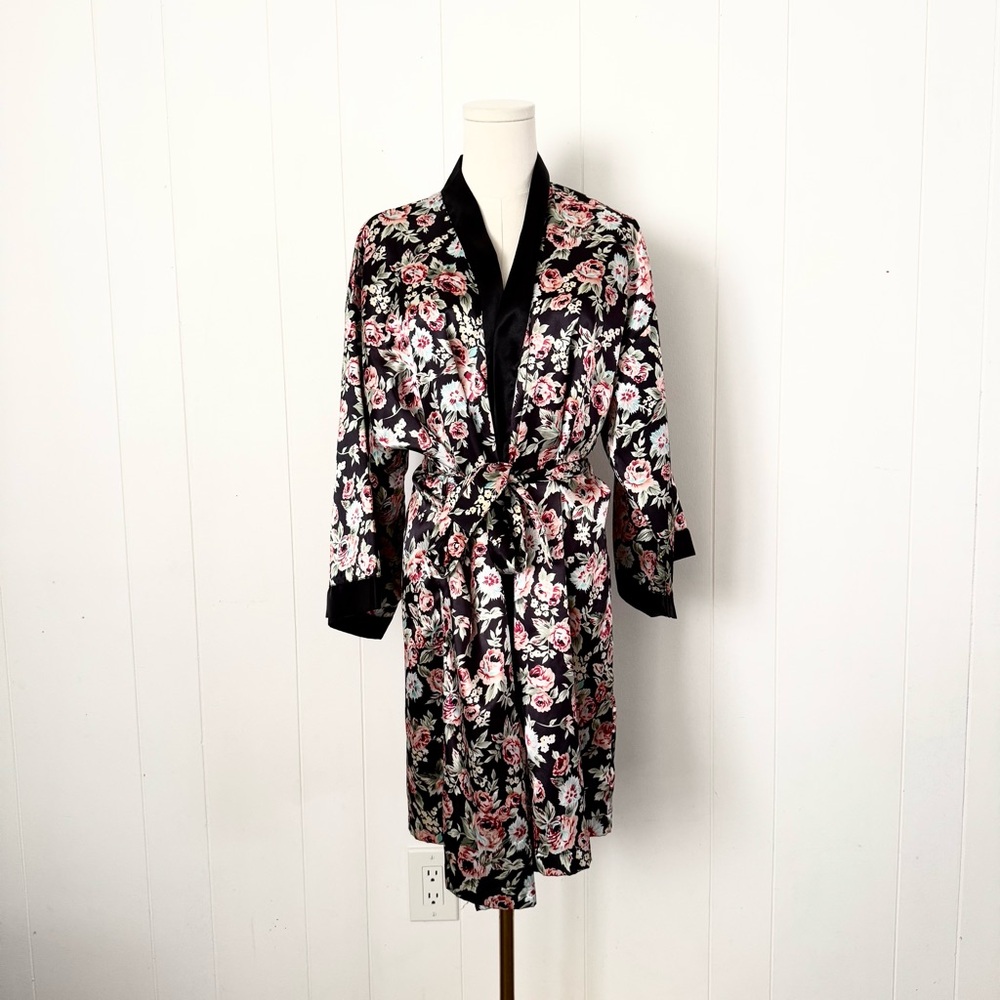 Vintage 80s Victoria's Secret Gold Label Black Pink Floral Sheer Satin Robe L